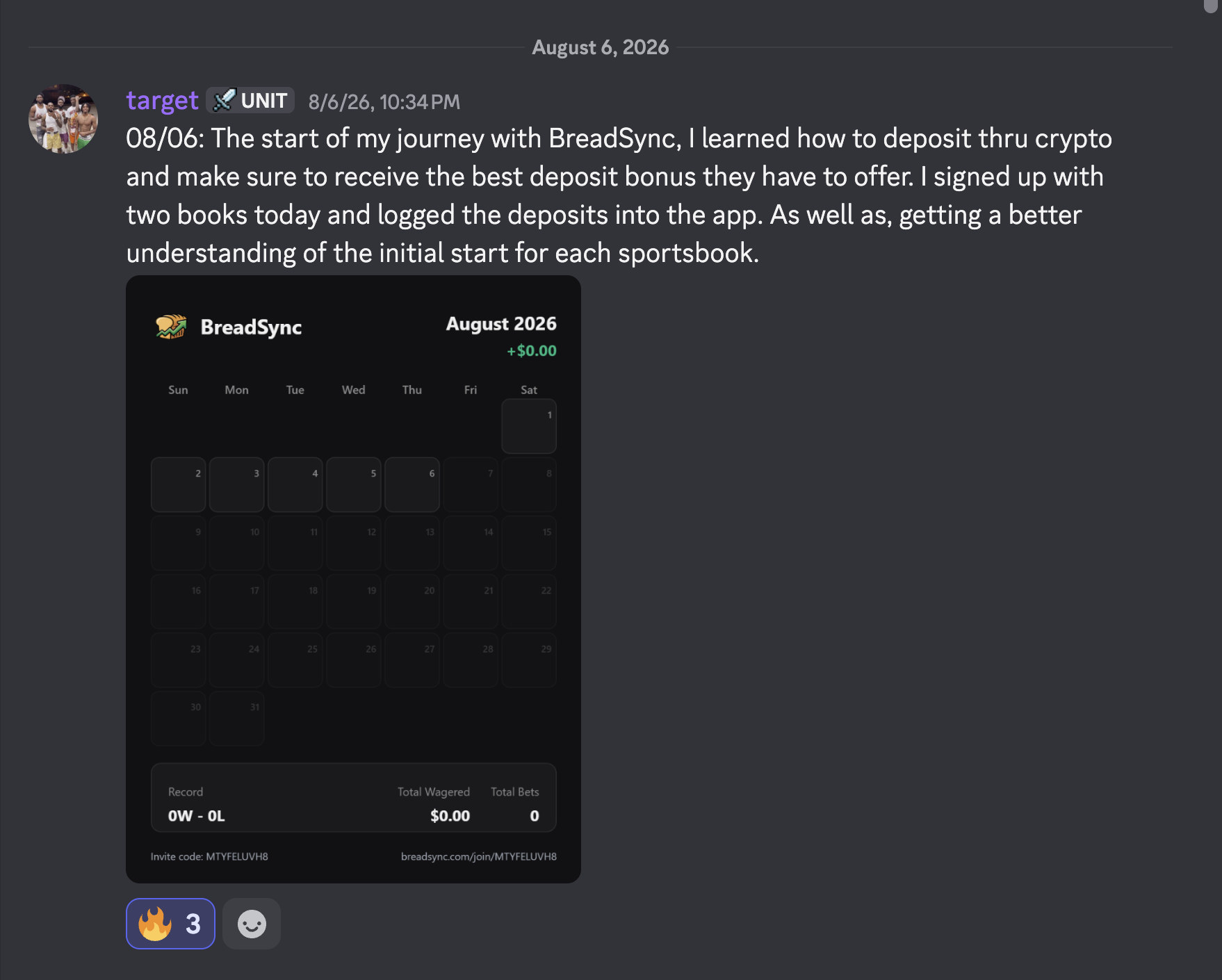 Discord post from August 6: the start of Target's journey, an empty BreadSync calendar at $0.00
