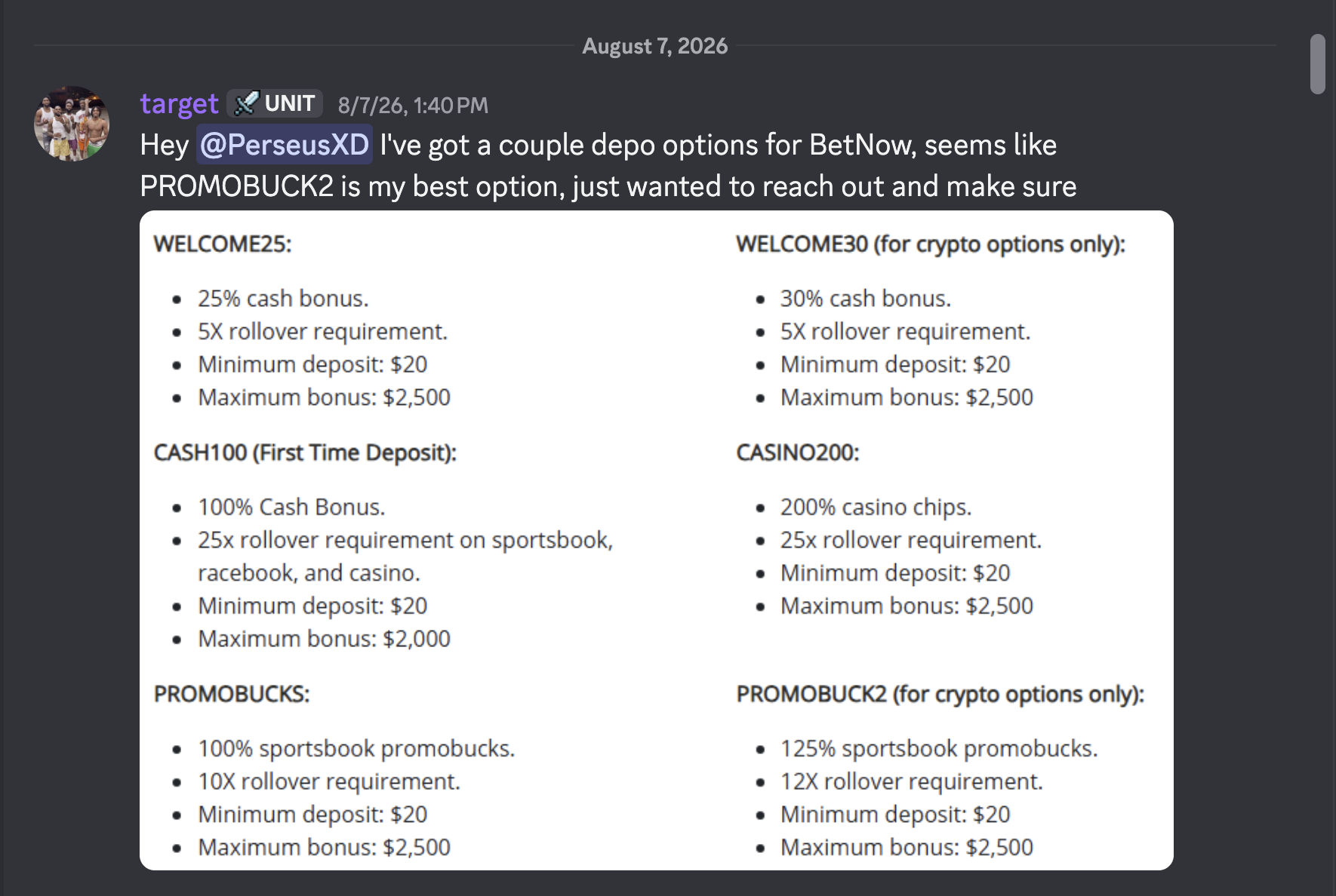 Discord post from August 7: Target asks his coach which BetNow deposit bonus to take, with the promo terms attached