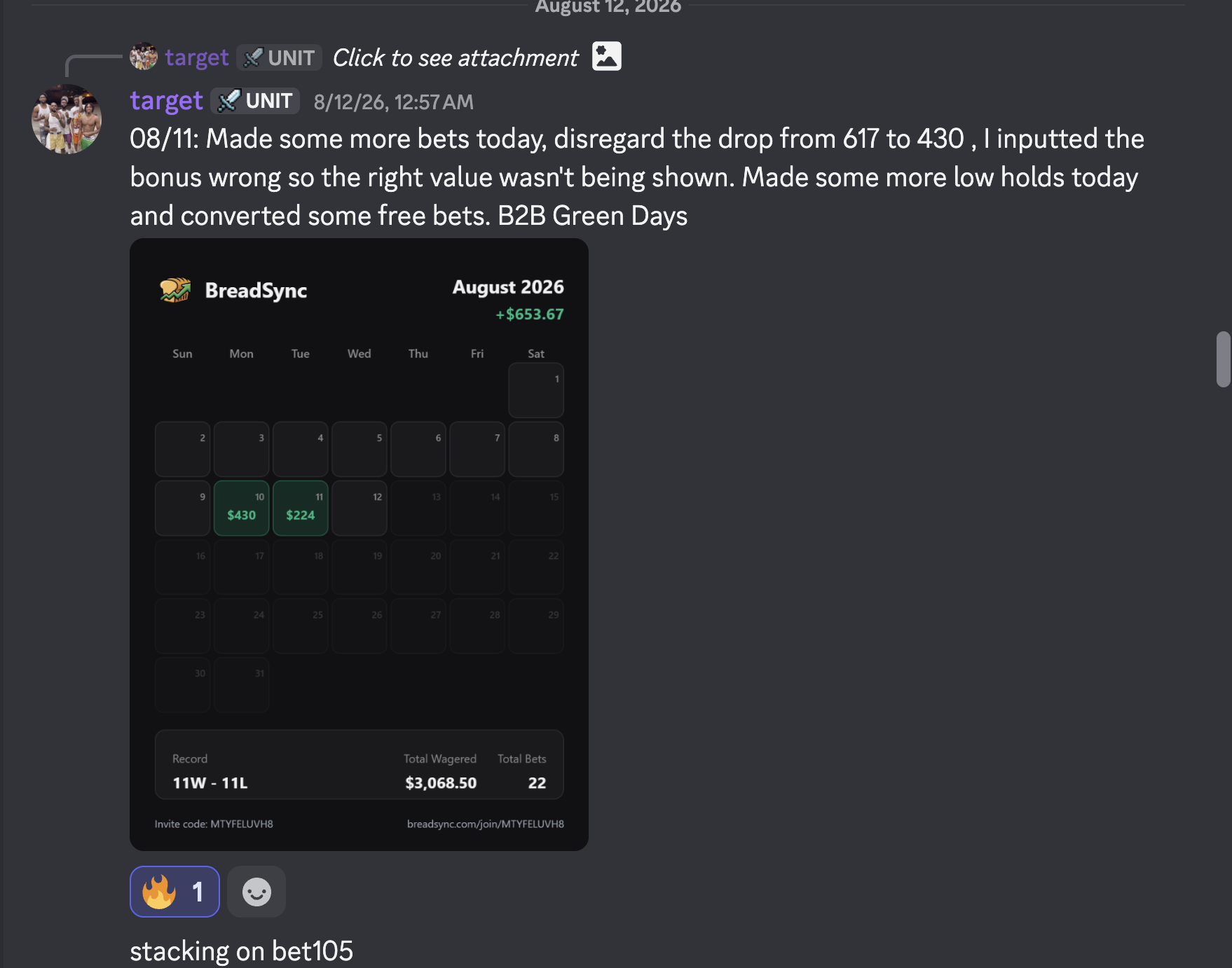 Discord post from August 11: plus $224 day, Target explains he entered a bonus wrong and corrects the record
