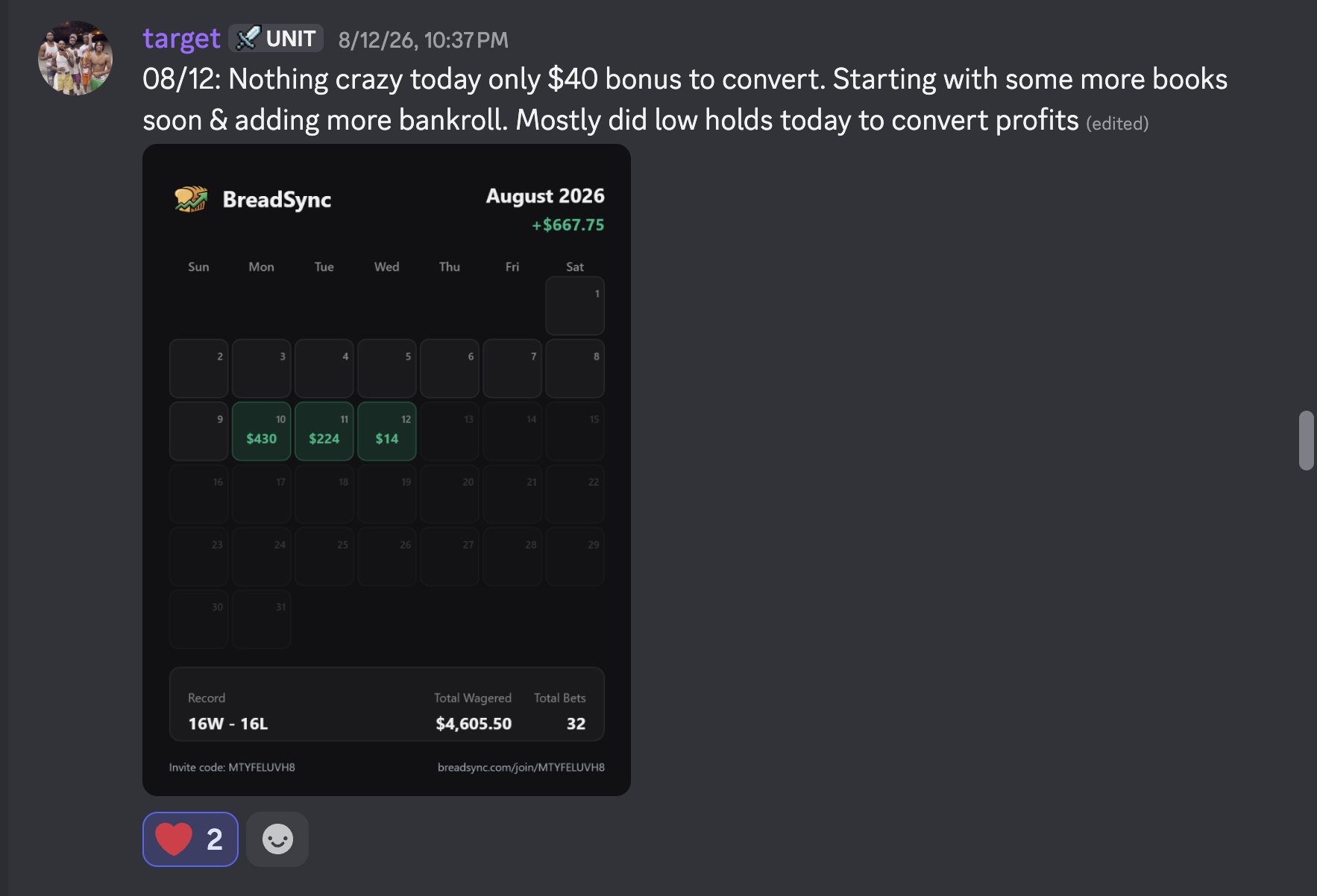 Discord post from August 12: a quiet plus $14 day converting a $40 bonus