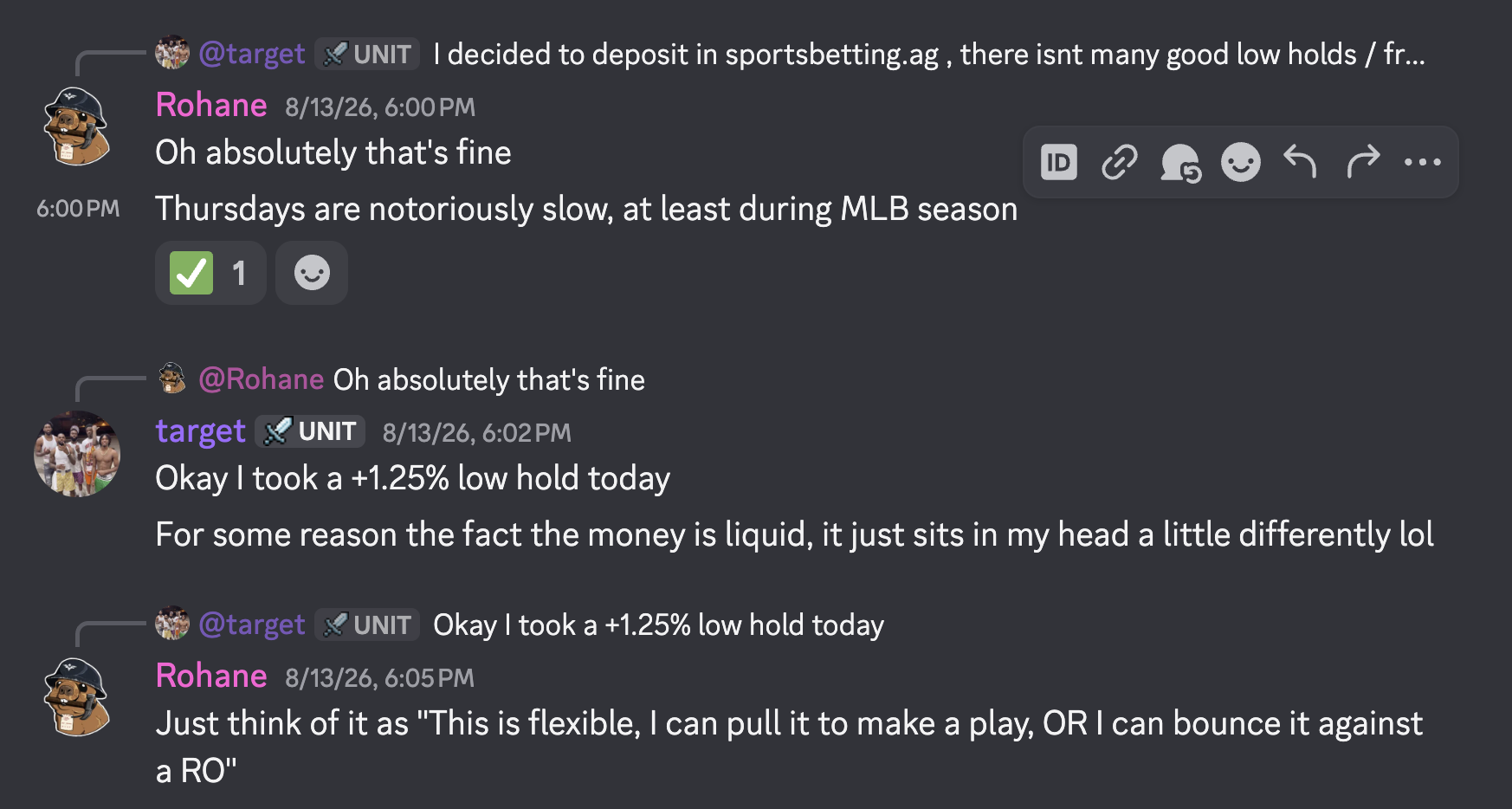 Discord exchange from August 13: Target's coach talks through deposit choice and treating liquid bankroll as flexible