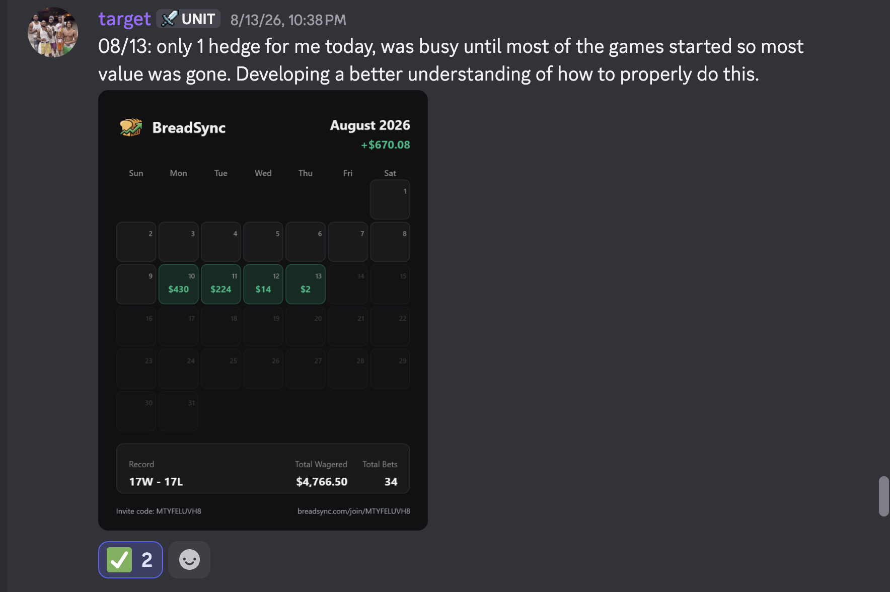 Discord post from August 13: only one hedge placed that day, total at plus $670.08