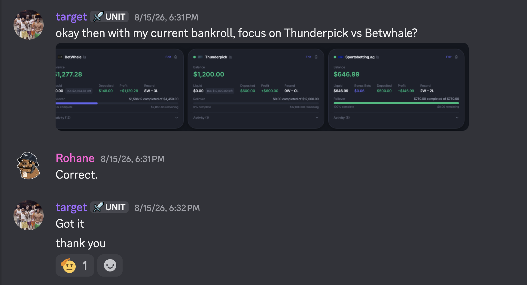 Discord exchange from August 15: Target confirms which sportsbooks to focus on and gets a one-word answer, correct