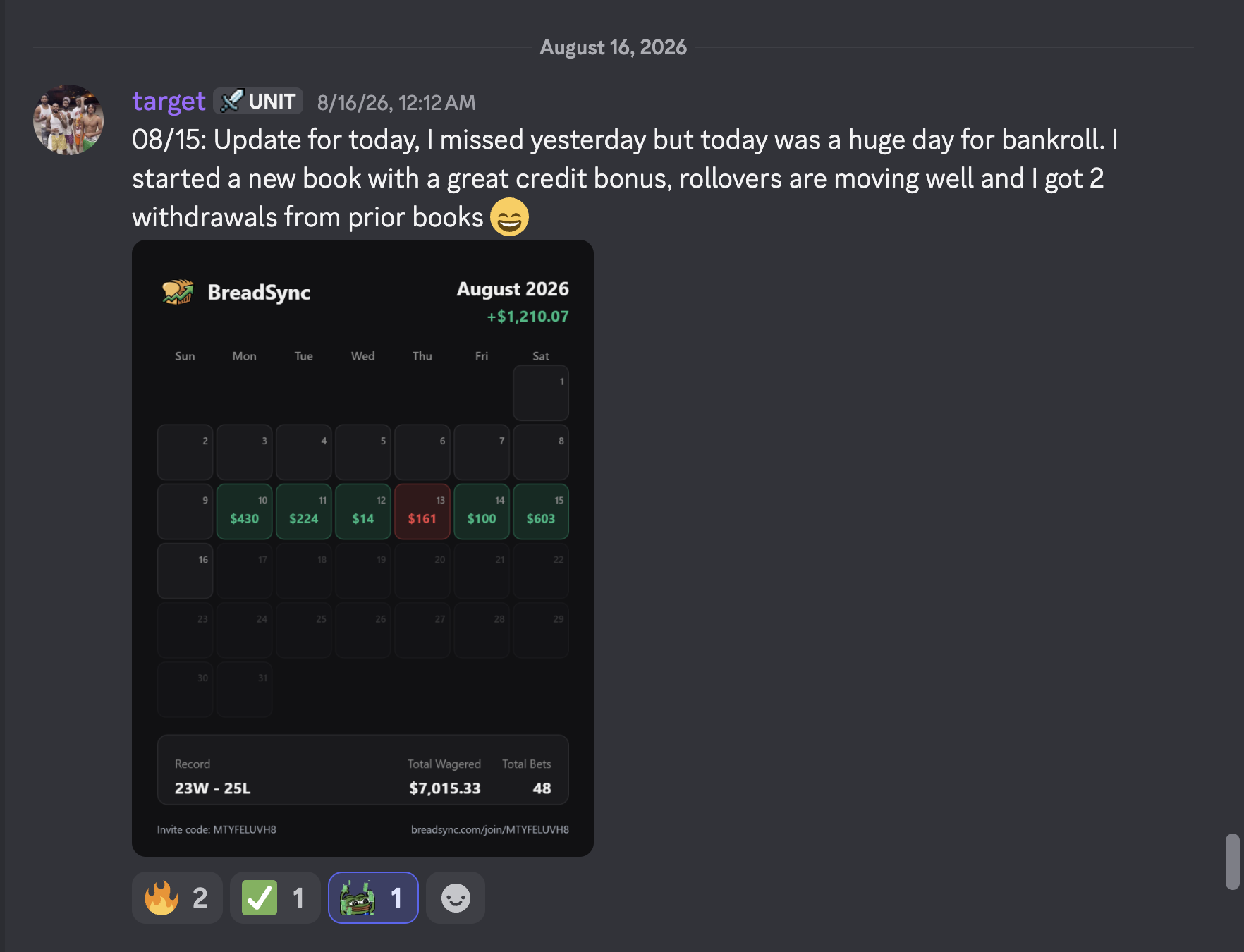 Discord post from August 15: plus $603 day with two withdrawals from prior sportsbooks, total at plus $1,210.07