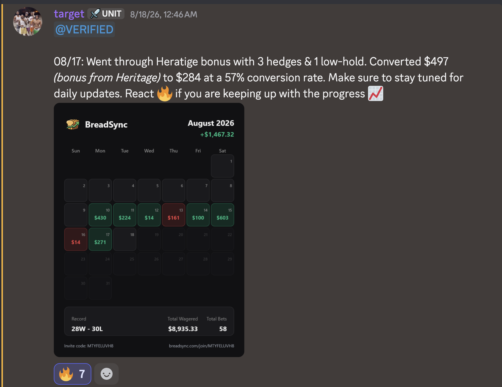 Discord post from August 17: a $497 bonus converted to $284 at a 57 percent conversion rate, plus $271 day