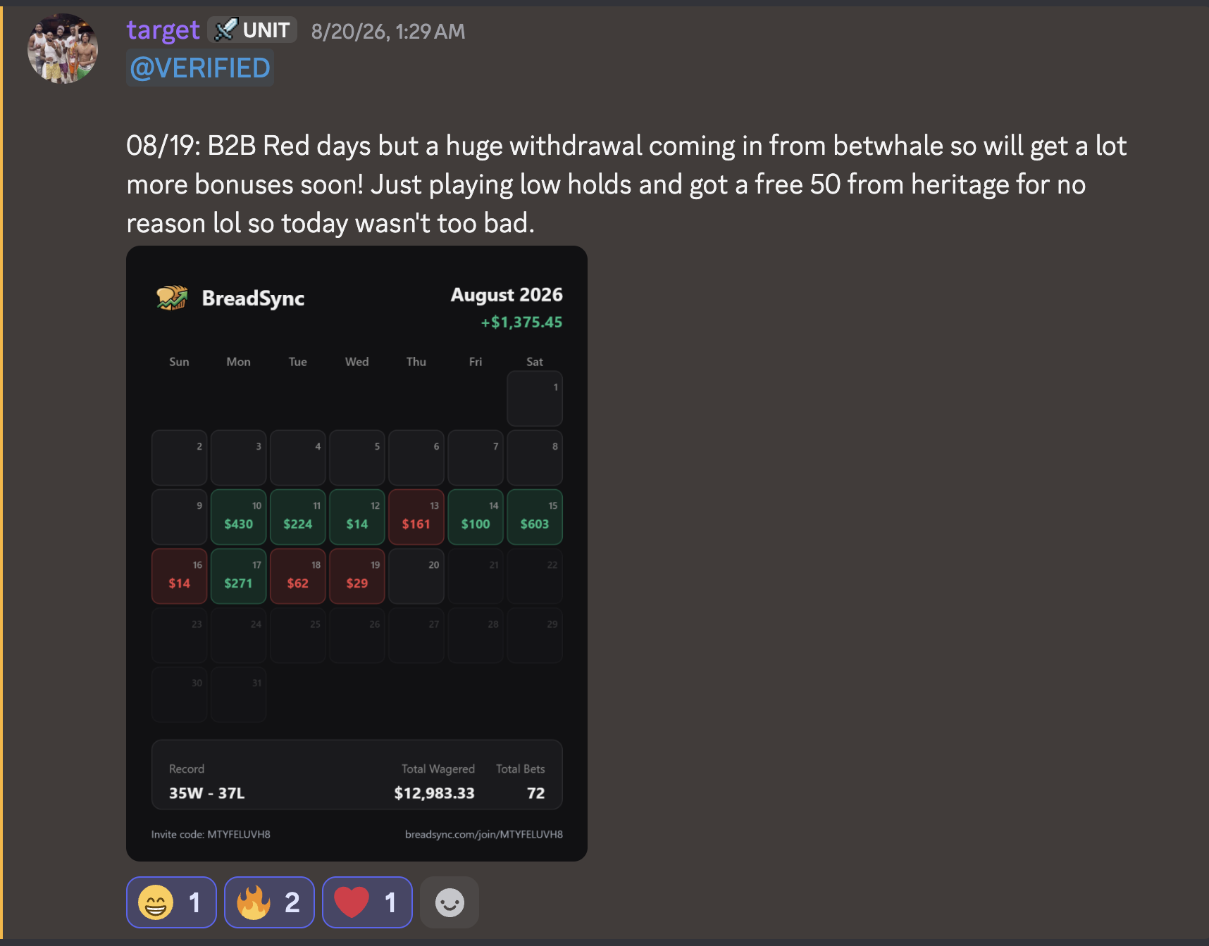 Discord post from August 19: second red day in a row, minus $29, with a withdrawal pending from BetWhale