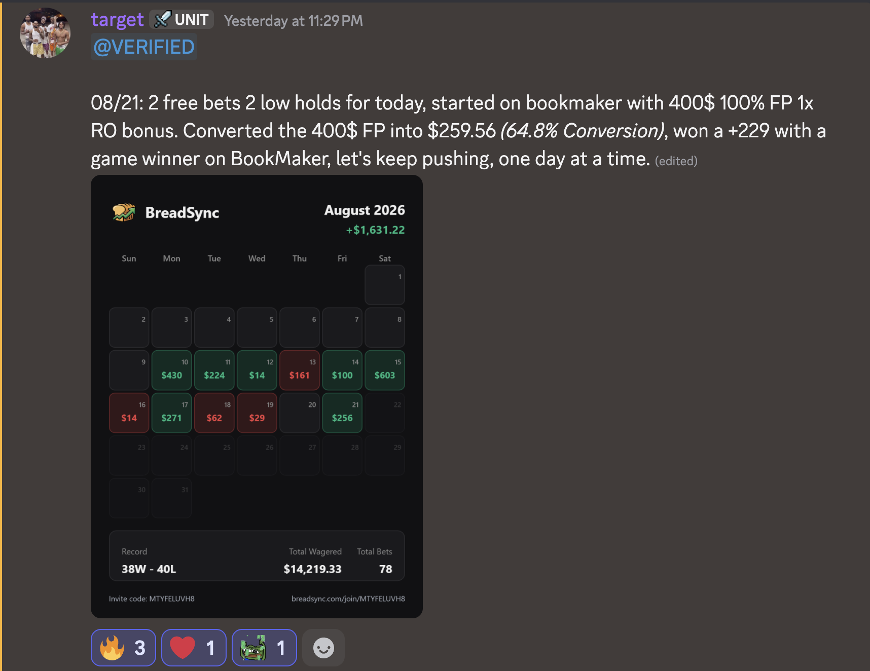 Discord post from August 21: plus $256 day, cumulative total of plus $1,631.22 on the month across 78 bets